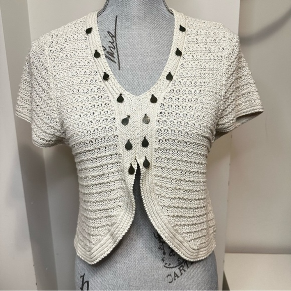 Tribal Knit Short Sleeve Cardigan Sweater with Teardrop Accents – Size M